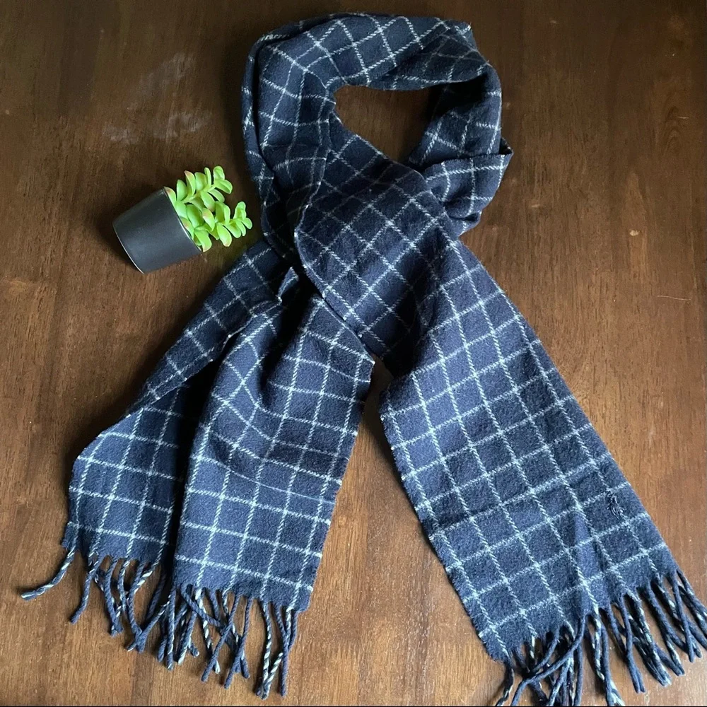 Polo Ralph Lauren 100% Lambs Wool Plaid Blue Fringe Scarf